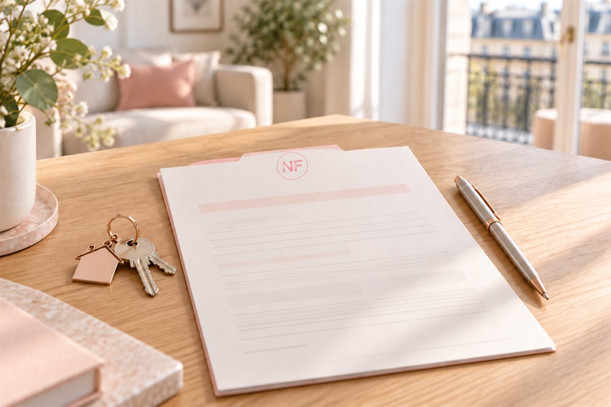 Contrat de bail d'habitation posé sur un bureau, avec un trousseau de clés et un stylo